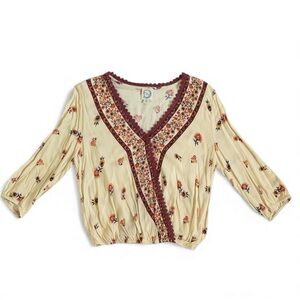 Blue Rain Peasant Boho Crochet Floral Faux Wrap Blouse Top